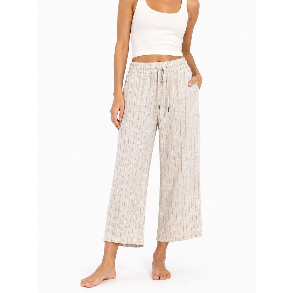 Maison d'Amelie Paris Linen Blend Wide Leg Pants Women’s Large Beige Pinstripe D